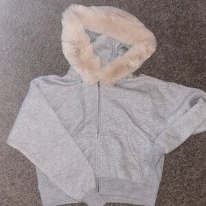 Woman’s Faux Fur Trim Hooded Zip up Sweatshirt Size Medium Wild Fable